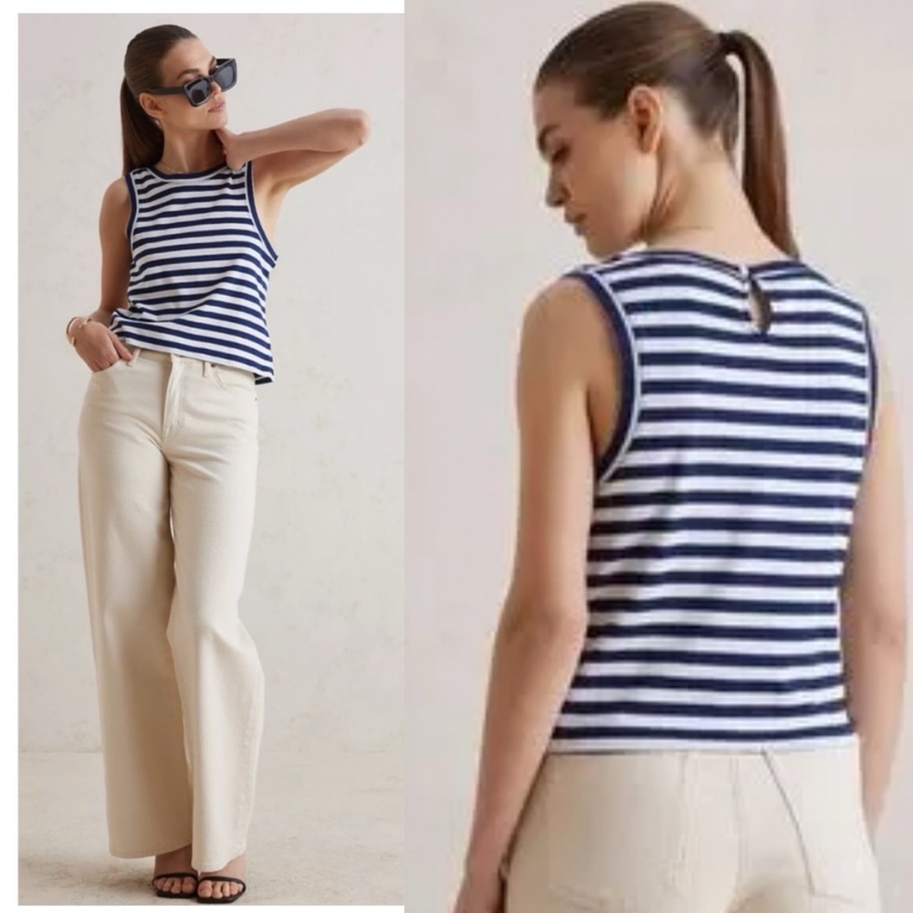 Maeve x Anthropologie Cropped Sleeveless Striped Tank In Navy